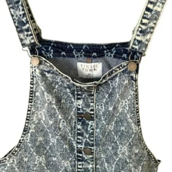 Tinseltown Blue Stonewash Denim White Butterfly Romper Jumper Overall Dress SZ M - Picture 3 of 10